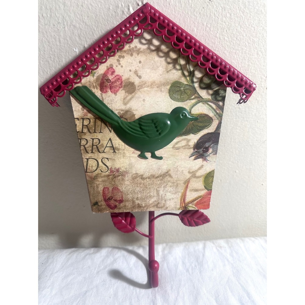 Cottagecore Birdhouse Wall Hook Wood Metal Bird Floral Whimsical Decor Granny